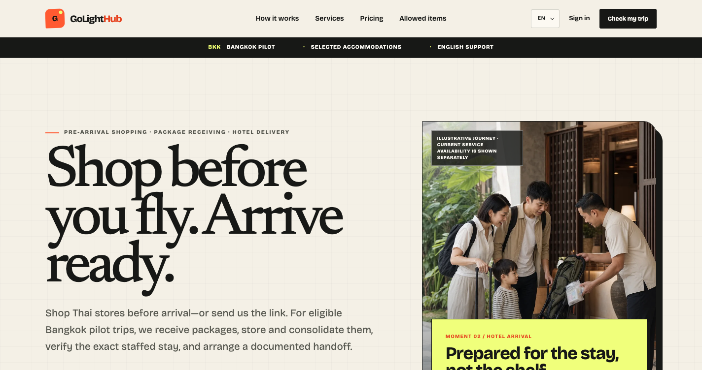 GoLightHub Bangkok pre-arrival shopping and trip logistics homepage